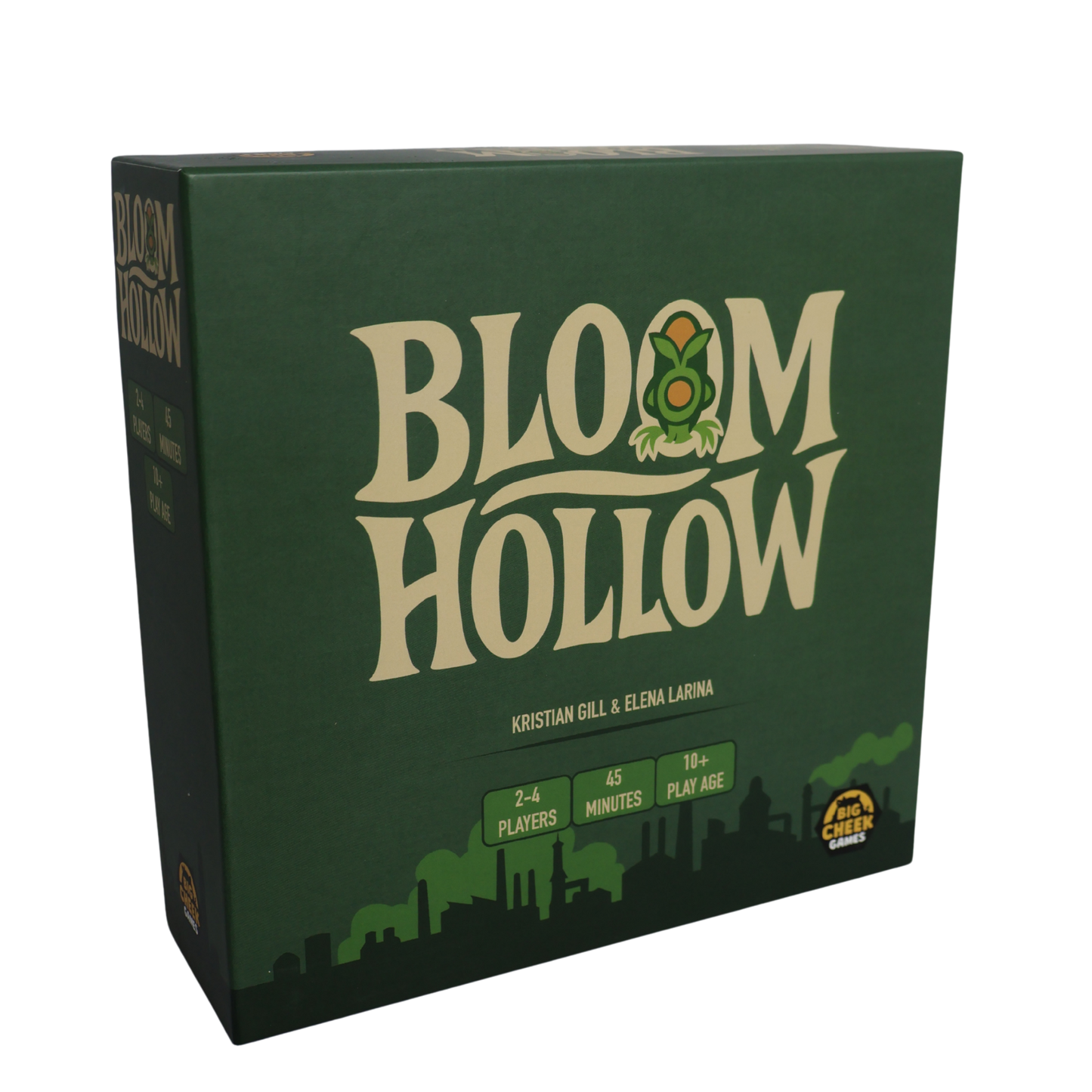 Board game box titled 'Bloom Hollow' with green and beige design.