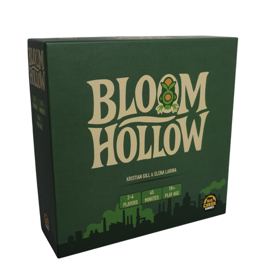 Board game box titled 'Bloom Hollow' with green and beige design.